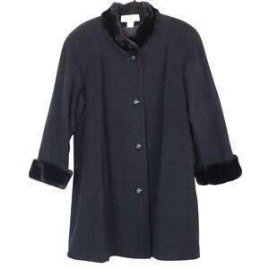 Vintage 90s Black Wool Peacoat Penny Lane Faux Fur Trim Collar Cuff Plus 18 20